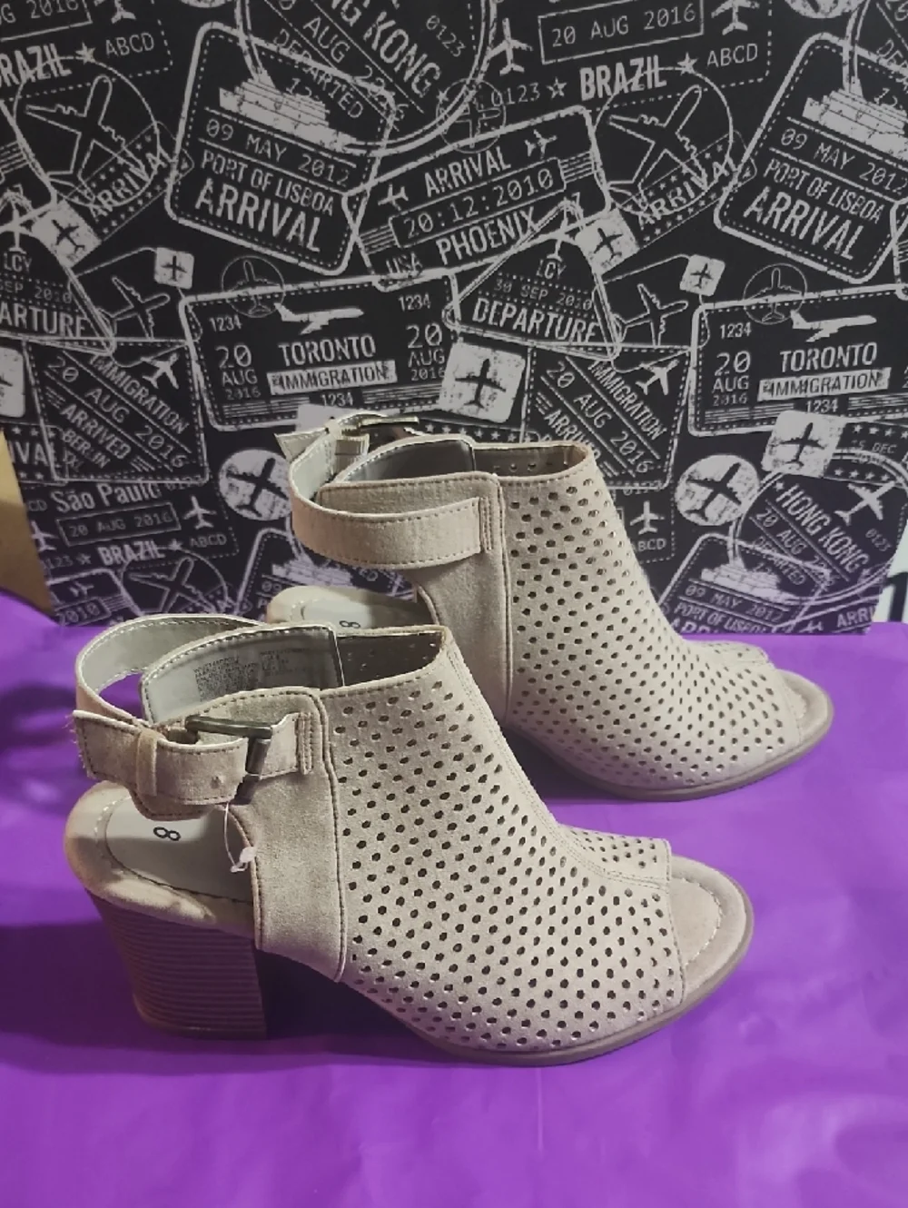 Time And Tru Womens Suede Perforated Peep-Toe Block Heel Booties - Beige